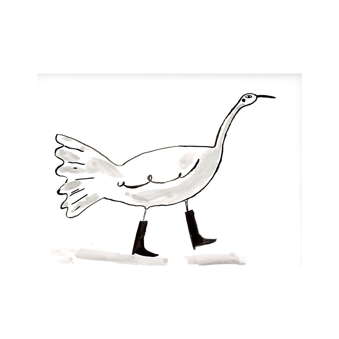 Ink black and white bird with boots, painting on paper