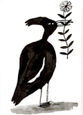 Ink black and white bird with flower, painting on paper