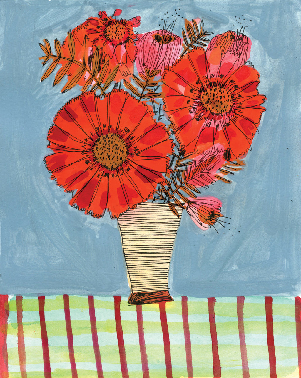 Red Flowers, framed painting on paper
