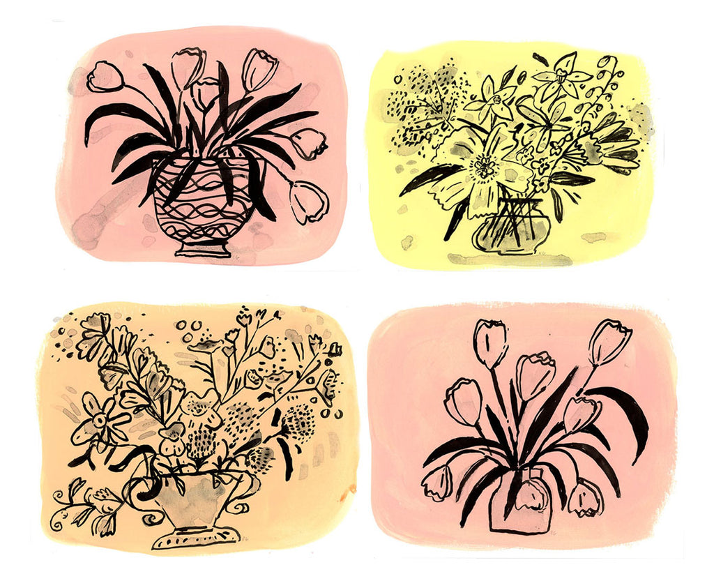 Ink flowers on pastel painted paper