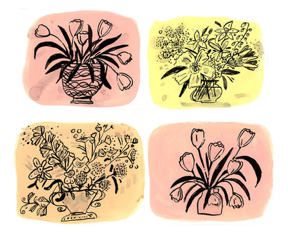 Ink flowers on pastel painted paper