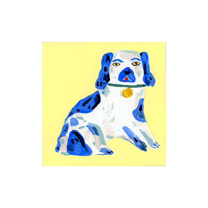 Staffordshire dog statues, blue and yellow
