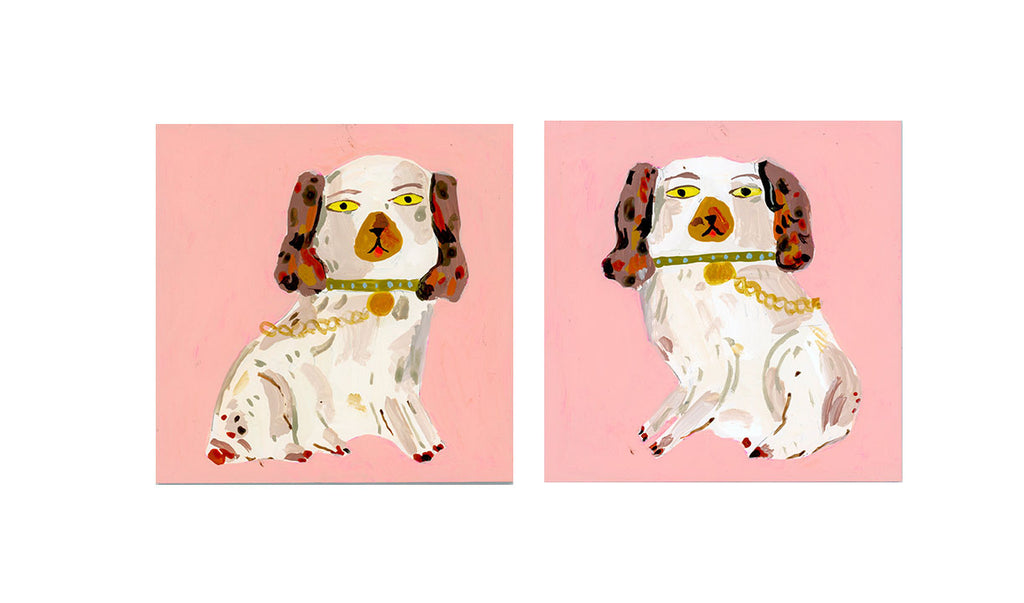 Staffordshire dog statues, coral pink and brown