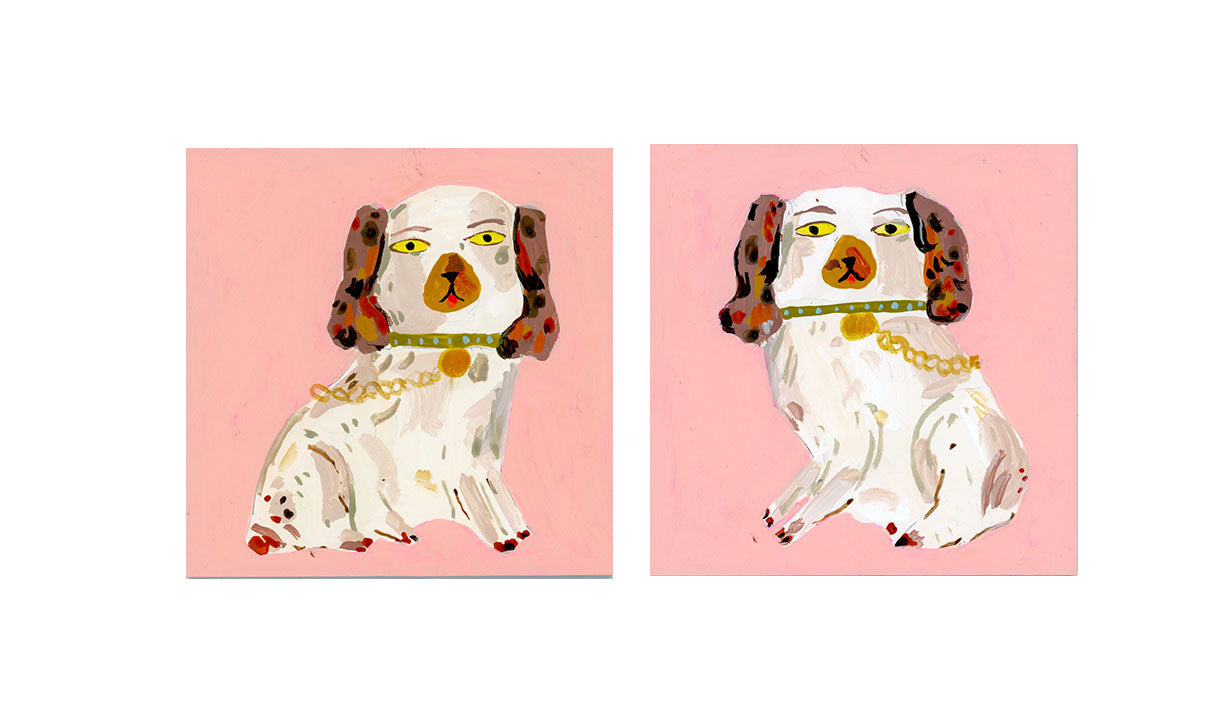 Staffordshire dog statues, coral pink and brown