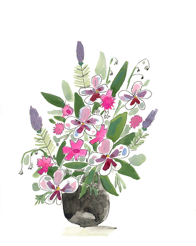 Purple flowers in a vase, painting on paper.