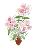 Pink flowers in a vase, painting on paper.