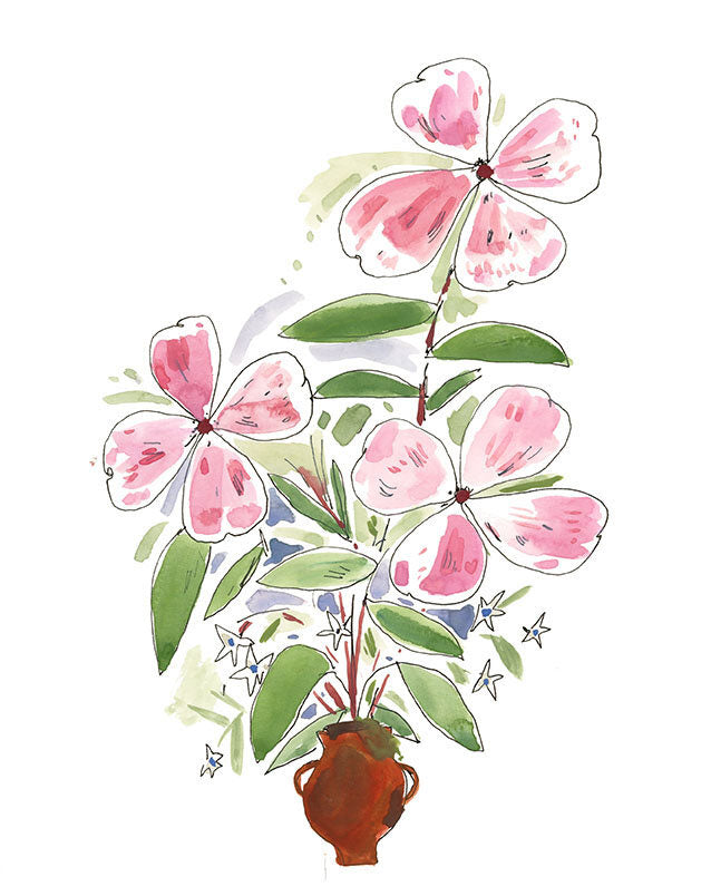 Pink flowers in a vase, painting on paper.