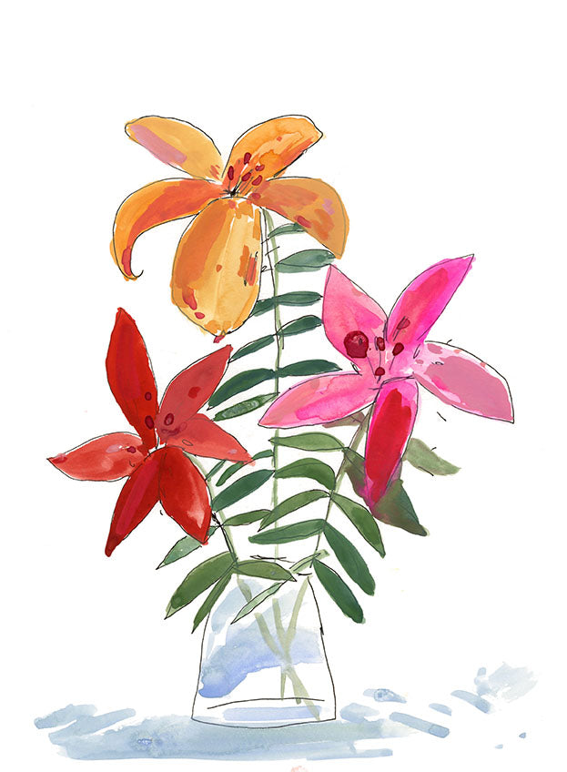 Lily flowers in a vase, painting on paper.