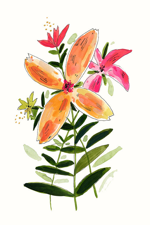 Orange and Pink Lily flowers, painting on paper.